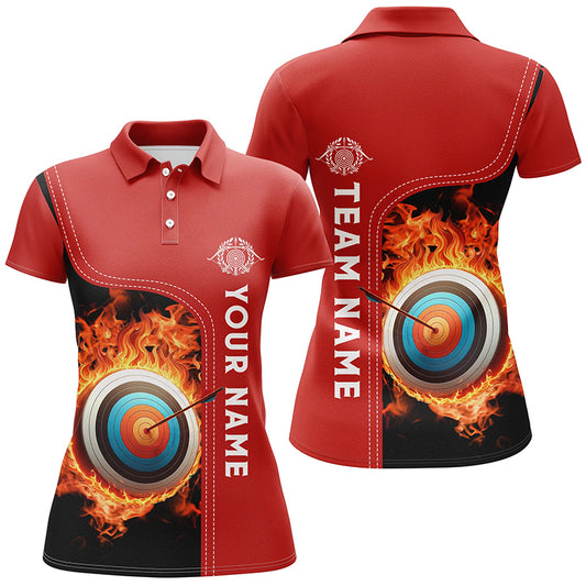 Personalized Black Red Flaming Target Archery 3D Polo Shirts For Women, Custom Archery Team Jerseys VHM0985