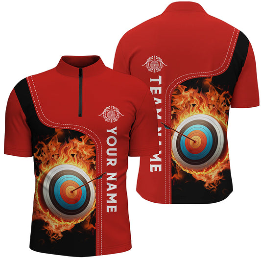 Personalized Black Red Flaming Target Archery 3D Quarter-Zip Shirts For Men, Archery Team Jerseys VHM0985