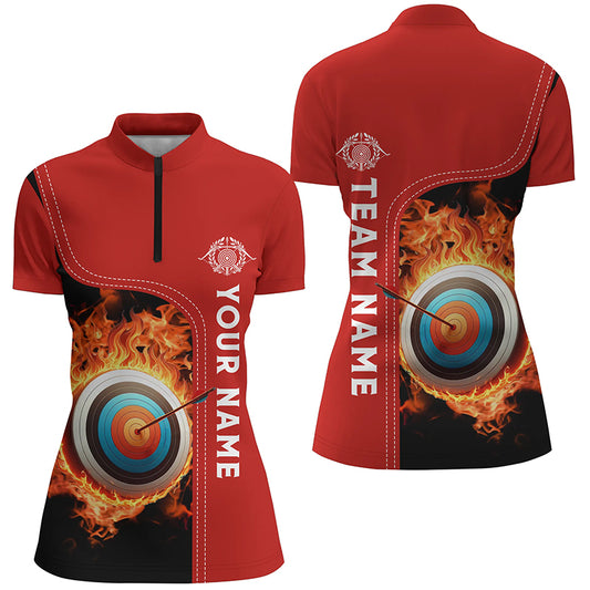 Personalized Black Red Flaming Target Archery 3D Quarter-Zip Shirts For Women, Archery Team Jerseys VHM0985