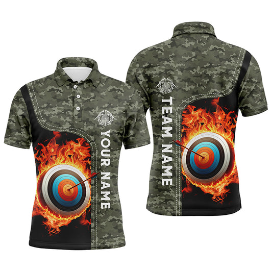 Personalized Camouflage Flaming Target Archery 3D Polo Shirts For Men, Custom Archery Team Jerseys VHM0986