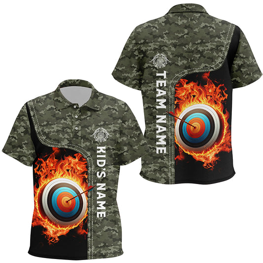 Personalized Camouflage Flaming Target Archery 3D Polo Shirts For Kids, Custom Archery Team Jerseys VHM0986