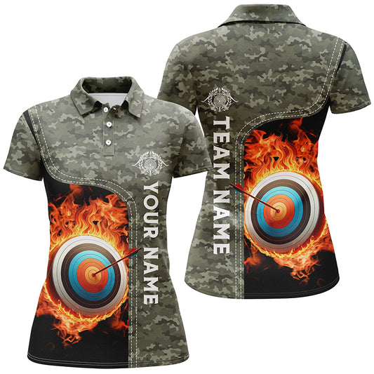 Personalized Camouflage Flaming Target Archery 3D Polo Shirts For Women, Custom Archery Team Jerseys VHM0986