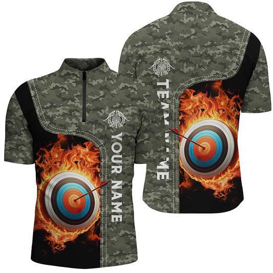 Personalized Camouflage Flaming Target Archery 3D Quarter-Zip Shirts For Men, Archery Team Jerseys VHM0986