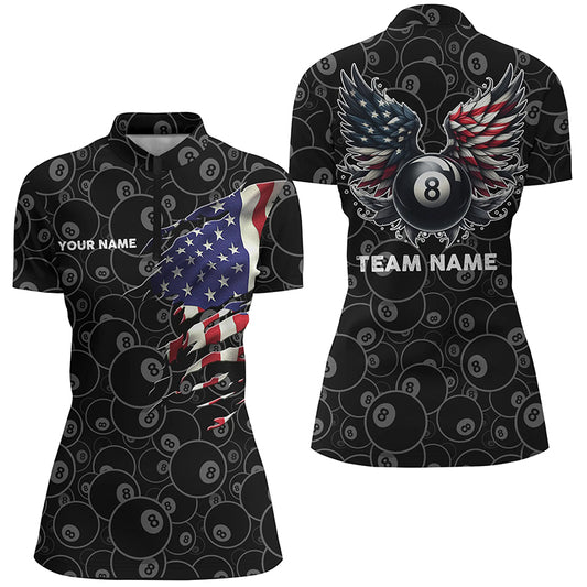 Personalized US Flag 8 Ball Billiard 3D Quarter-Zip Shirts For Women, Funny 8 Ball Pool Wings Jerseys VHM1000