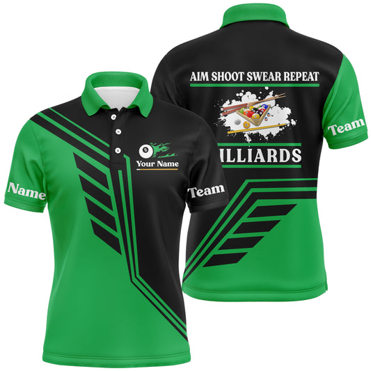 Personalized Aim Shoot Swear Repeat Billiard Polo Shirts For Men, Green Black Billiard Jerseys VHM0139