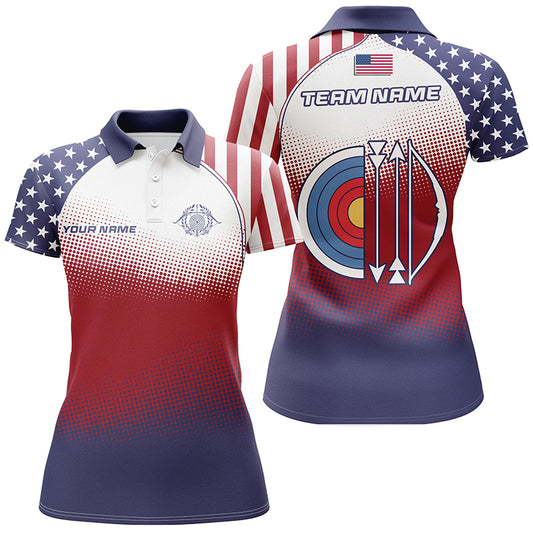 Personalized American Flag Target Archery 3D Polo Shirts For Women, Custom Archery Jerseys Designs VHM1075