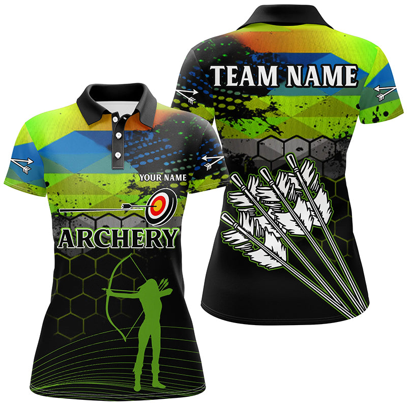 Personalized Green Colors 3D Arrows Archery Polo Shirts For Women, Custom Silhouette Archer Shirts VHM0649