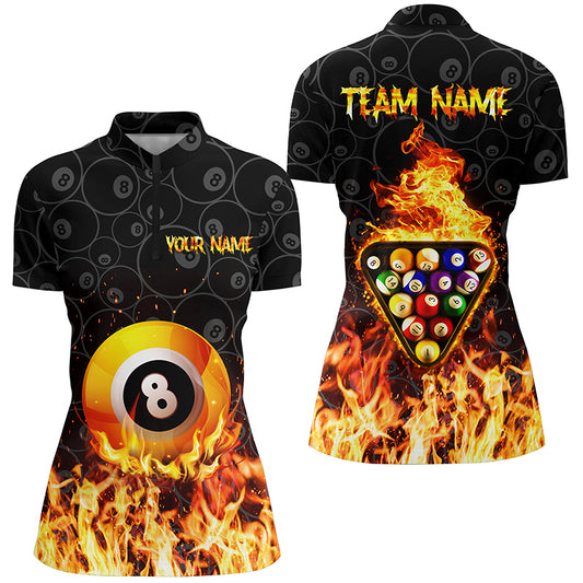 Personalized 3D Yellow Flame 8 Ball Pool Quarter-Zip Shirts For Women, Fire Billiard Balls Jerseys VHM0803
