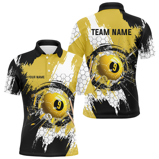 Personalized Black Yellow Glass Break 9 Ball Pool Polo Shirts For Men Custom 9 Ball Pool Jerseys VHM1176