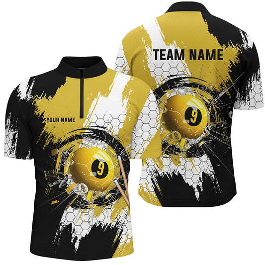 Personalized Black Yellow Glass Break 9 Ball Pool Polo Shirts For Men Custom 9 Ball Pool Jerseys VHM1176