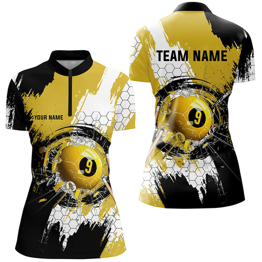 Personalized Black Yellow Glass Break 9 Ball Pool Polo Shirts For Women Custom 9 Ball Pool Jerseys VHM1176
