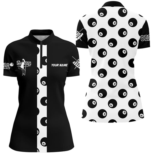 Personalized 8 Ball Pool Pattern Black White Billiard Quarter-Zip Shirts For Women, Billiard Jerseys VHM0485