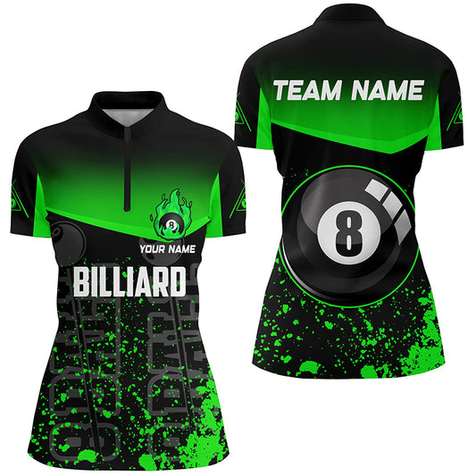 Personalized Green Fire 8 Ball Pool Billiard Quarter-Zip Shirts For Women, 8 Ball Pool Team Shirts VHM0704