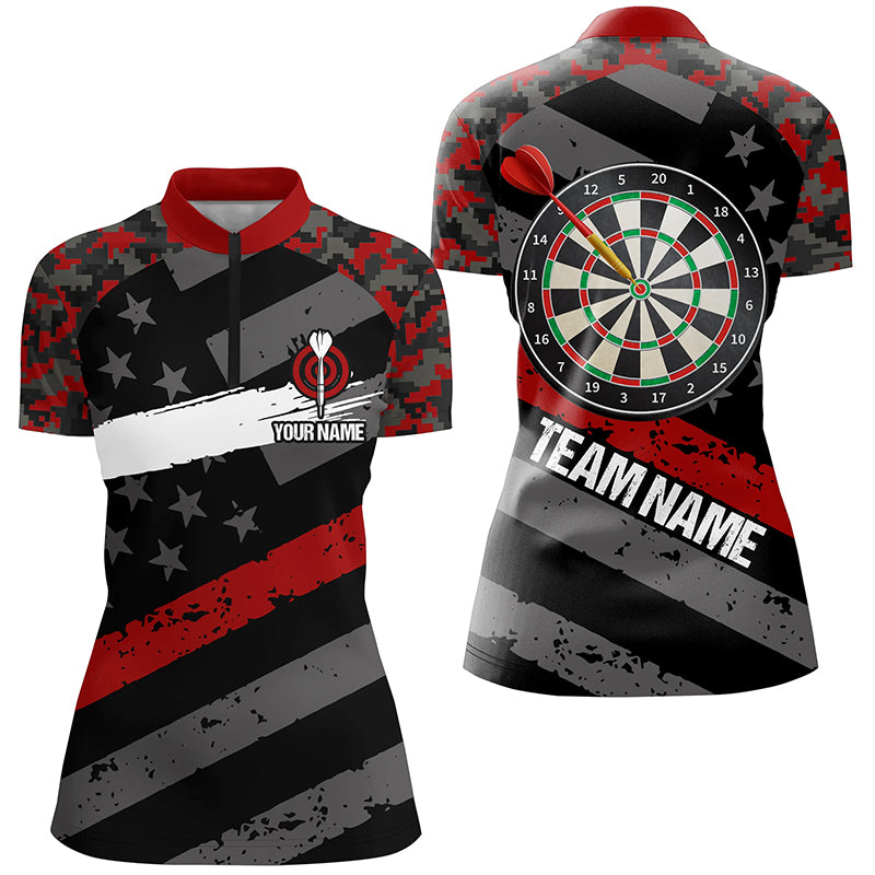Personalized Red Camo American Flag Darts Quarter-Zip Shirts Custom Patriotic Dart Jerseys For Women VHM1113