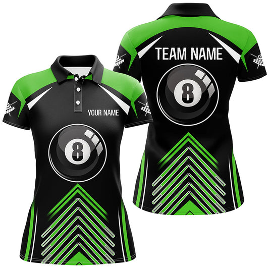 Personalized Green Black Billiard 8 Ball Pool 3D Polo Shirts For Women, Custom Name Billiard Jerseys VHM0285