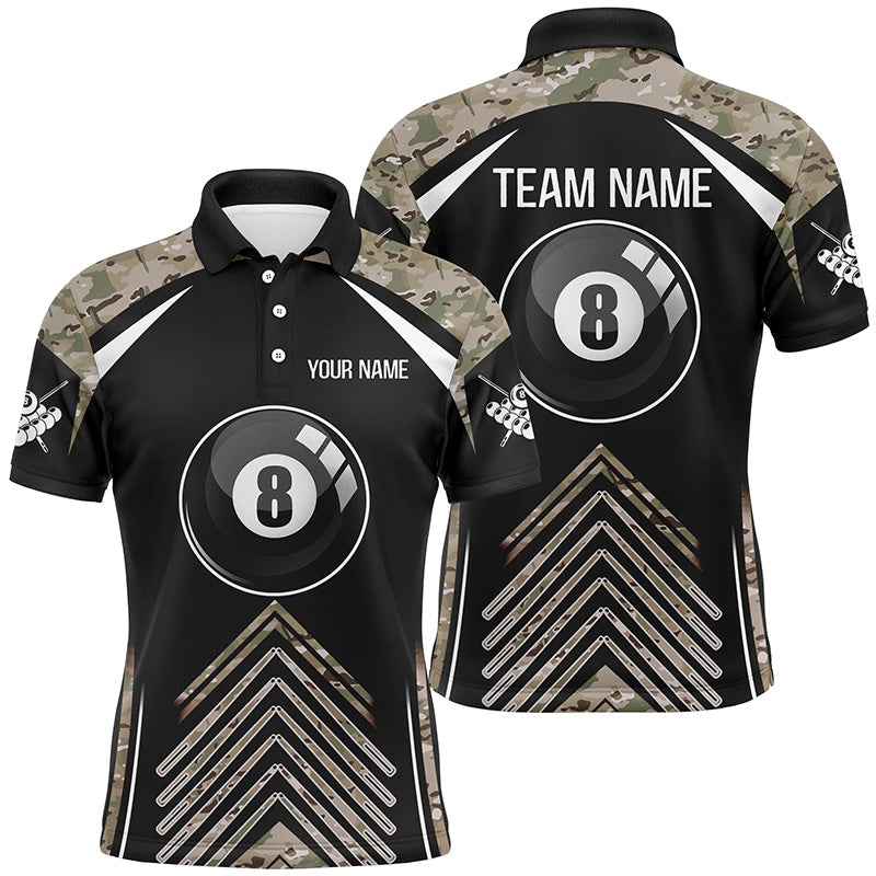 Personalized Camo Black Billiard 8 Ball Pool Polo Shirts For Men, Custom Name Billiards Jerseys VHM0290