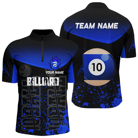 Personalized Splash Blue 10 Ball Billiard 3D Quarter-Zip Shirts For Men, Fire 10 Ball Pool Jerseys VHM0967
