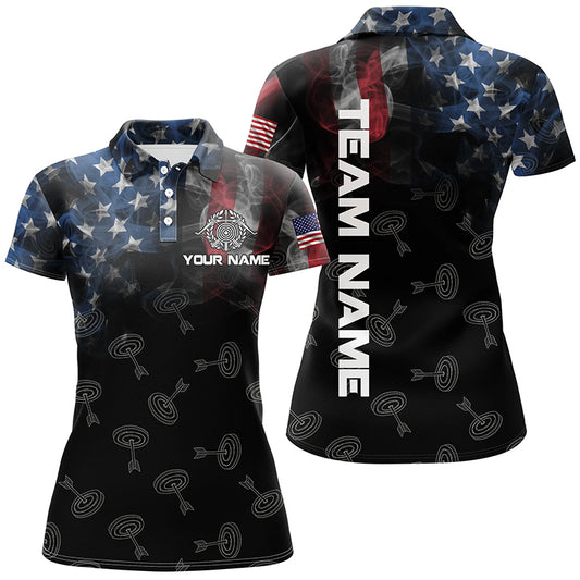 Personalized Vintage Smoke US Flag Archery 3D Polo Shirts For Women, Archery Targets Pattern Jerseys VHM0976
