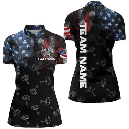 Personalized Vintage Smoke US Flag Archery 3D Quarter-Zip Shirts For Women, Archery Targets Jerseys VHM0976