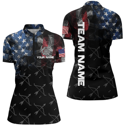 Personalized Vintage Smoke US Flag Archery 3D Quarter-Zip Shirts For Women, Archery Bows Jerseys VHM0979