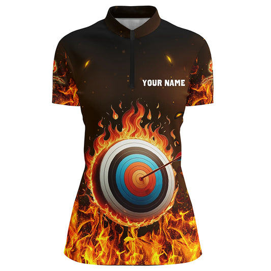 Personalized Fire Target Archery 3D Quarter-Zip Shirts For Women, Flaming Archery Bow Arrow Jerseys VHM0982