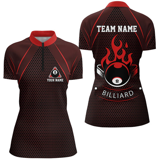 Personalized Red Fire 8 Ball Pool Quarter-Zip Shirts For Women, Flame 8 Ball Billiard Team Shirts VHM0727