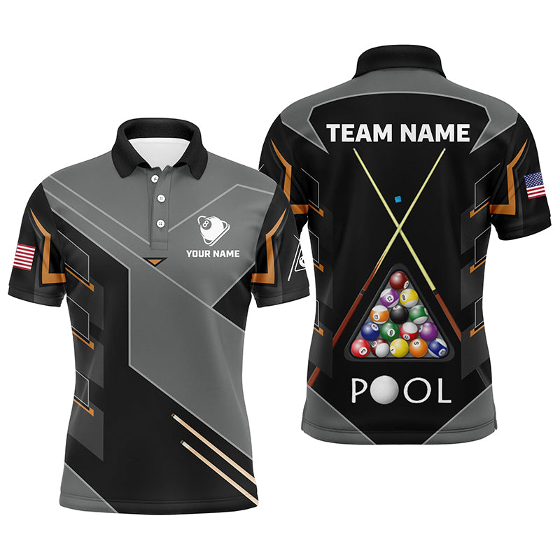 Personalized US Flag 8 Ball Billiard Polo Shirts For Men, Custom Grey Black Pool Balls Jerseys VHM0732