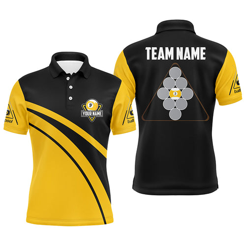 Personalized Yellow Black 9 Ball Pool Polo Shirts For Men, Custom Billiard 9 Ball Team Jerseys VHM0733