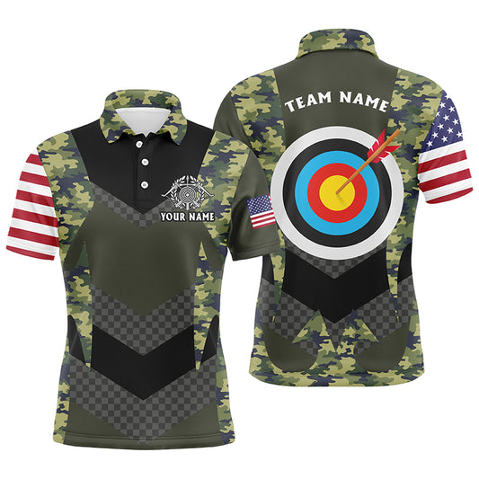 Personalized US Flag Camouflage Target Archery 3D Polo Shirts For Men, Custom Archery Team Jerseys VHM1059