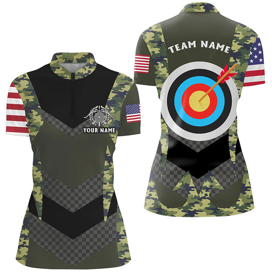 Personalized US Flag Camouflage Target Archery 3D Quarter-Zip Shirts For Women, Archery Team Jerseys VHM1059