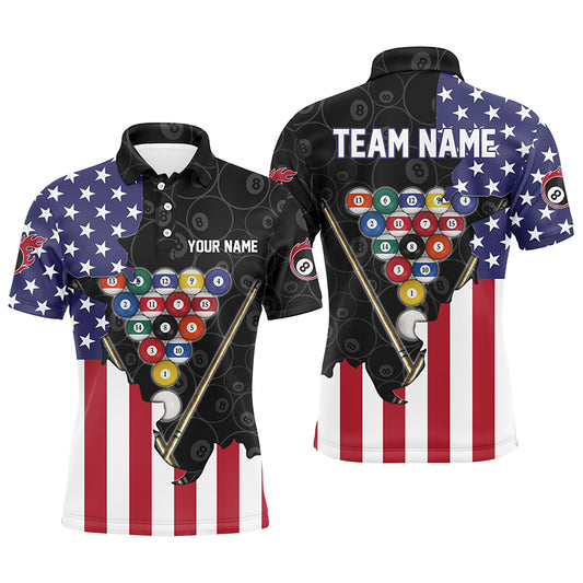 Personalized US Flag 8 Ball Pattern Billiard Black 3D Polo Shirts For Men, Billiard Balls Jerseys VHM0360
