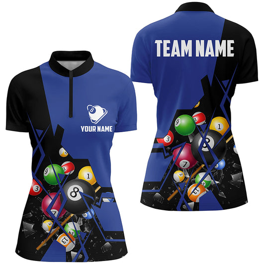 Personalized Blue Billiard Balls 3D Quarter-Zip Shirts For Women Custom 8 Ball Pool Billiard Jerseys VHM0752