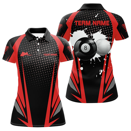 Personalized Paint Billiard Balls Black Red 3D Polo Shirts For Women, Custom 8 Ball Billiards Jerseys VHM1089