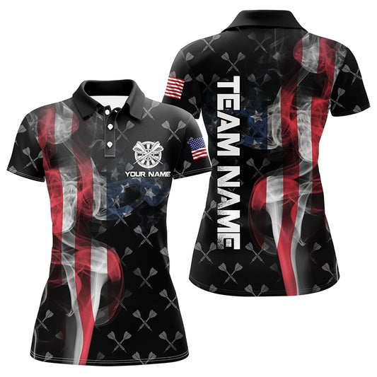 Personalized Smoke US Flag Dart Polo Shirts, Custom Patriotic Darts Shirts For Women Dart Jerseys VHM1096