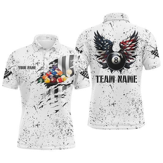 Personalized US Flag Billiard Balls 3D Polo Shirts For Men, White Billiard 8 Ball Wings Jerseys VHM1005