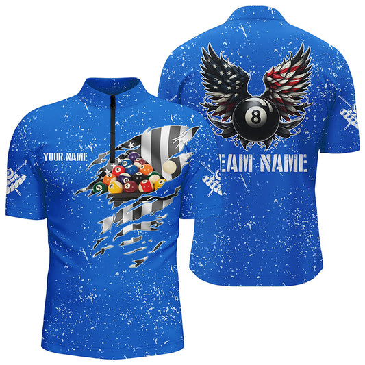 Personalized US Flag Billiard Balls 3D Quarter-Zip Shirts For Men, Blue 8 Ball Pool Wings Jerseys VHM1006