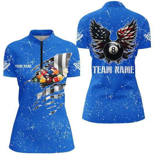 Personalized US Flag Billiard Balls 3D Quarter-Zip Shirts For Women, Blue 8 Ball Pool Wings Jerseys VHM1006