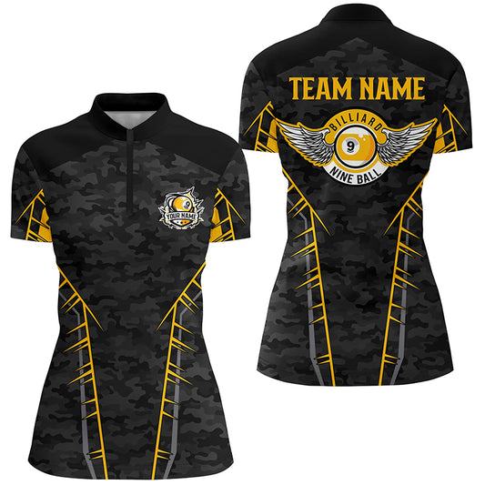 Personalized Camo Yellow 9 Ball Pool Quarter-Zip Shirts For Women, Billiard 9 Ball Team Jerseys VHM0778