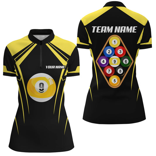 Personalized Black Yellow 9 Ball Pool 3D Quarter-Zip Shirts For Women, Billiards 9 Ball Team Jerseys VHM1035