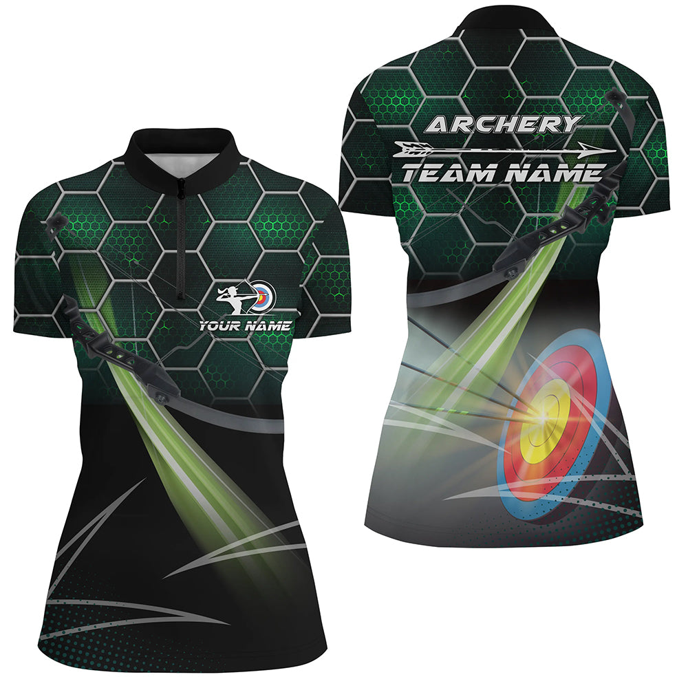 Personalized Green 3D Target Archery Quarter-Zip Shirts For Women, Custom Arrow Archery Team Shirts VHM0667