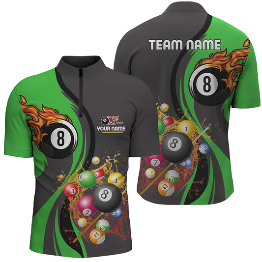Personalized Customized Fire And Water 8 Ball Pool Billiard Balls Green Quarter-Zip Shirts For Men VHM0480