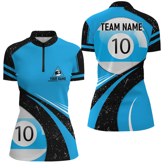 Personalized Blue Black Grunge 10 Ball Billiard 3D Quarter-Zip Shirts For Women, 10 Ball Pool Jerseys VHM0969
