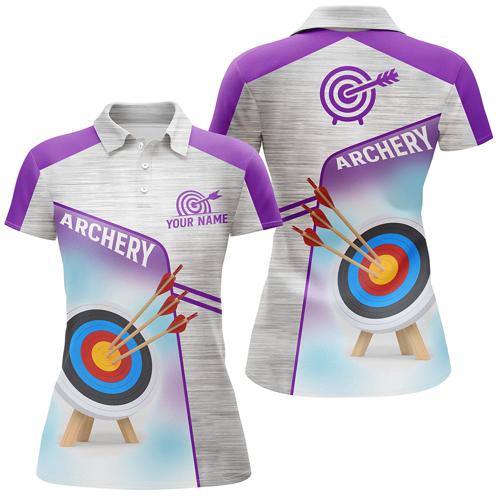 Personalized Purple Grey 3D Target Archery Polo Shirts For Women, Custom Name Archery Jerseys VHM0583