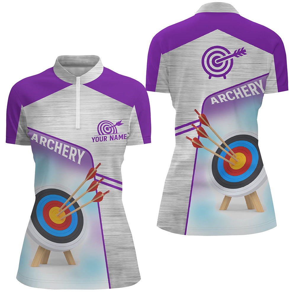 Personalized Purple Grey 3D Target Archery Quarter-Zip Shirts For Women, Custom Name Archery Jerseys VHM0583