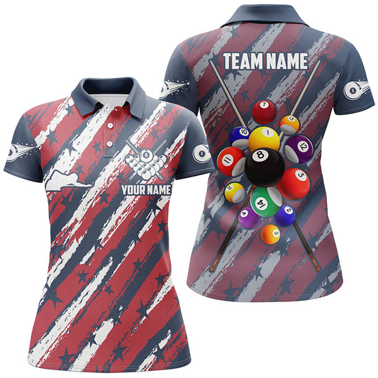 Personalized US Flag Pattern Stars Filled Billiard Polo Shirts For Women, 8 Ball Billiards Jerseys VHM0443