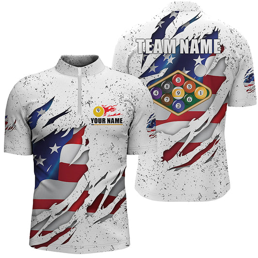 Billiards Balls US Flag White Grunge Custom Billiard Quarter-Zip Shirts For Men, 9 Ball Pool Shirts VHM0643