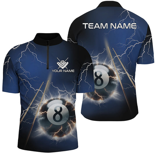 Personalized Thunder Lighting Blue 8 Ball Billiard 3D Quarter-Zip Shirts For Men, Pool Balls Jerseys VHM1030