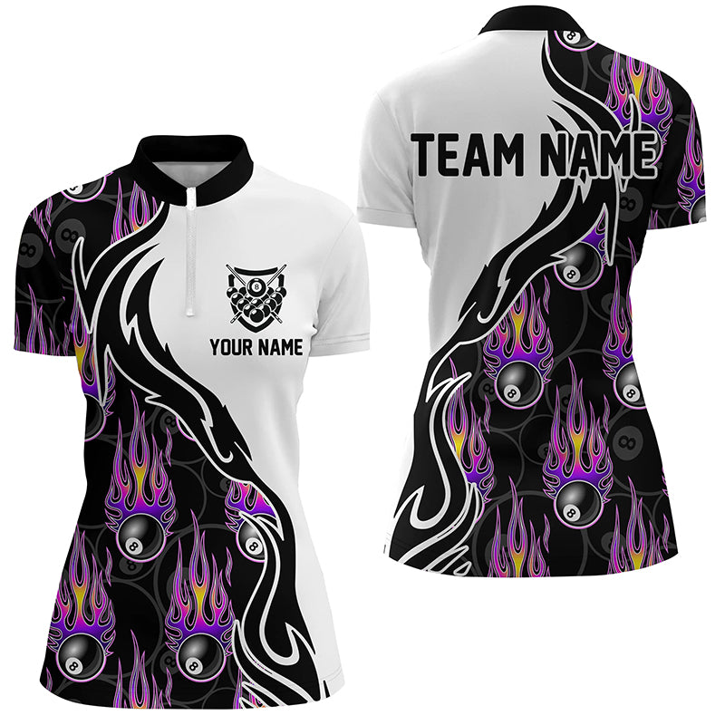 Personalized Billiard 8 Ball Flaming Pattern Purple Quarter-Zip Shirts For Women, Billiards Jerseys VHM0527