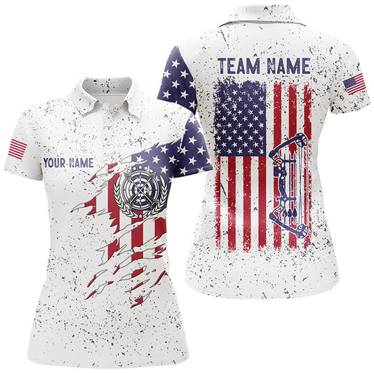 Personalized White Grunge US Flag Target Archery 3D Polo Shirts For Women, Custom Bow Archery Shirts VHM0988