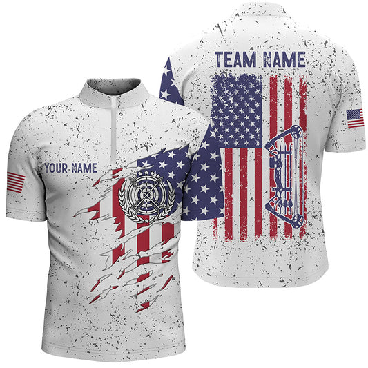 Personalized White Grunge US Flag Target Archery 3D Quarter-Zip Shirts For Men, Bow Archery Shirts VHM0988